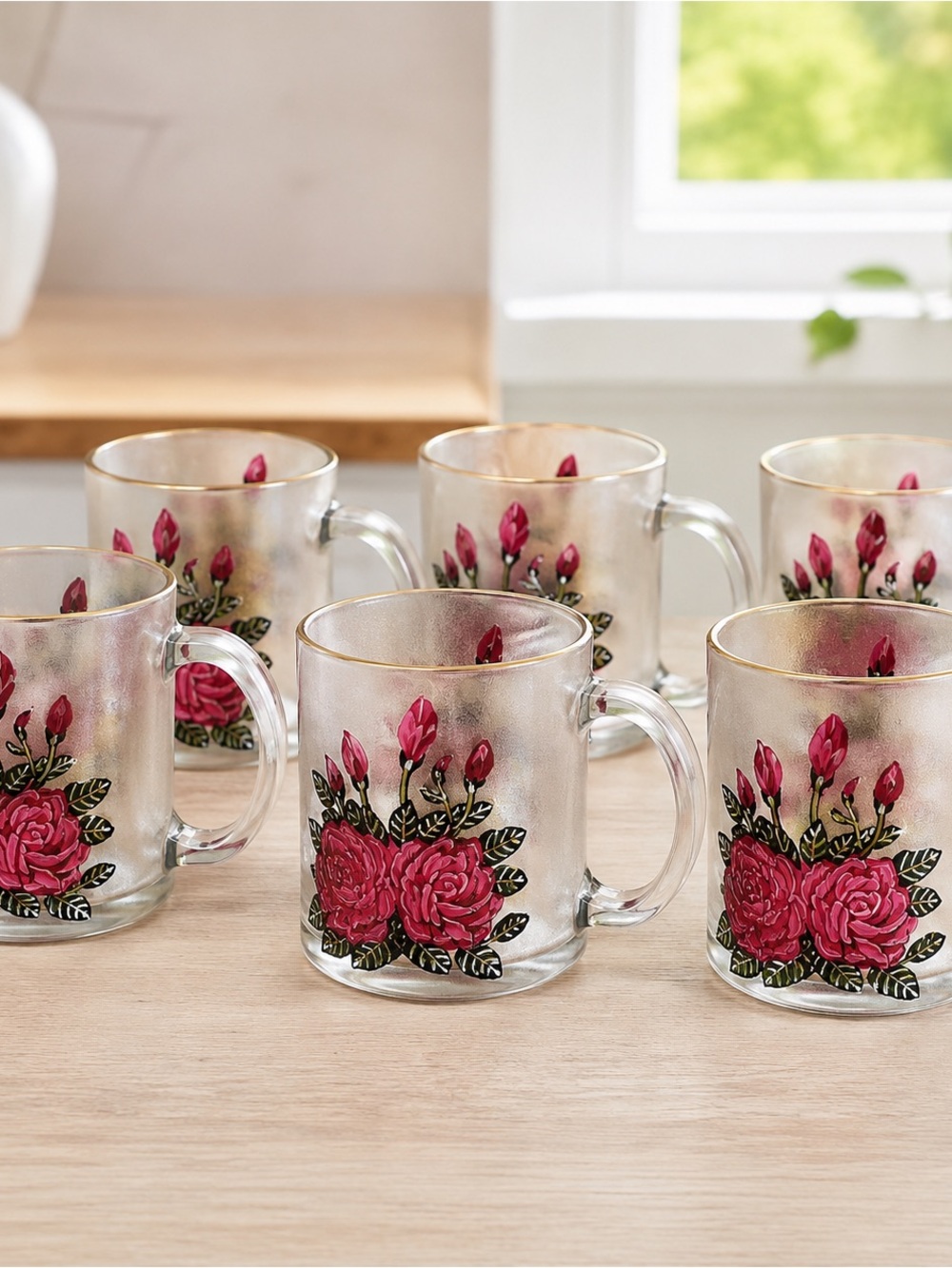 Pasari Set of 6 Frosted Glass Mugs Hand Painted Red Rose Floral Vintage Style